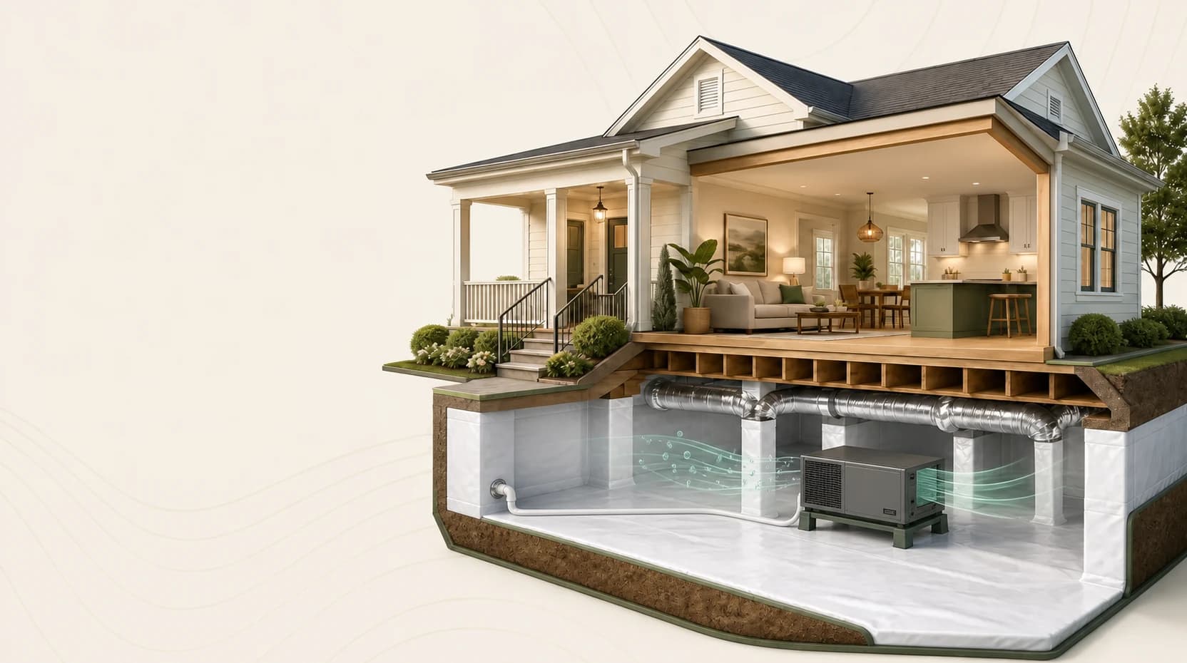 3D illustration of one customizable crawlspace configuration with a sealed foundation, ground liner and optional dehumidifier